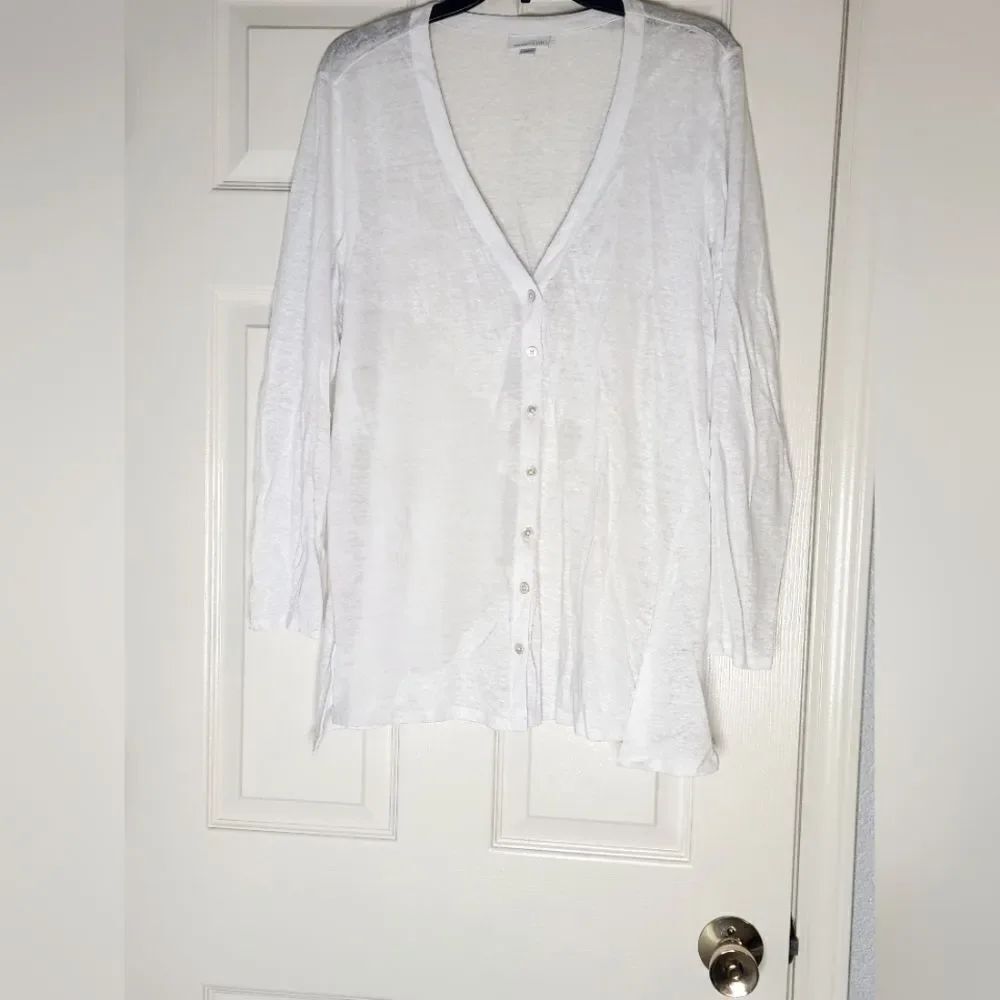J.Jill L White 100% LINEN V-neck Lngslvs Sites Slits Buttons Up Women’s Cardigan